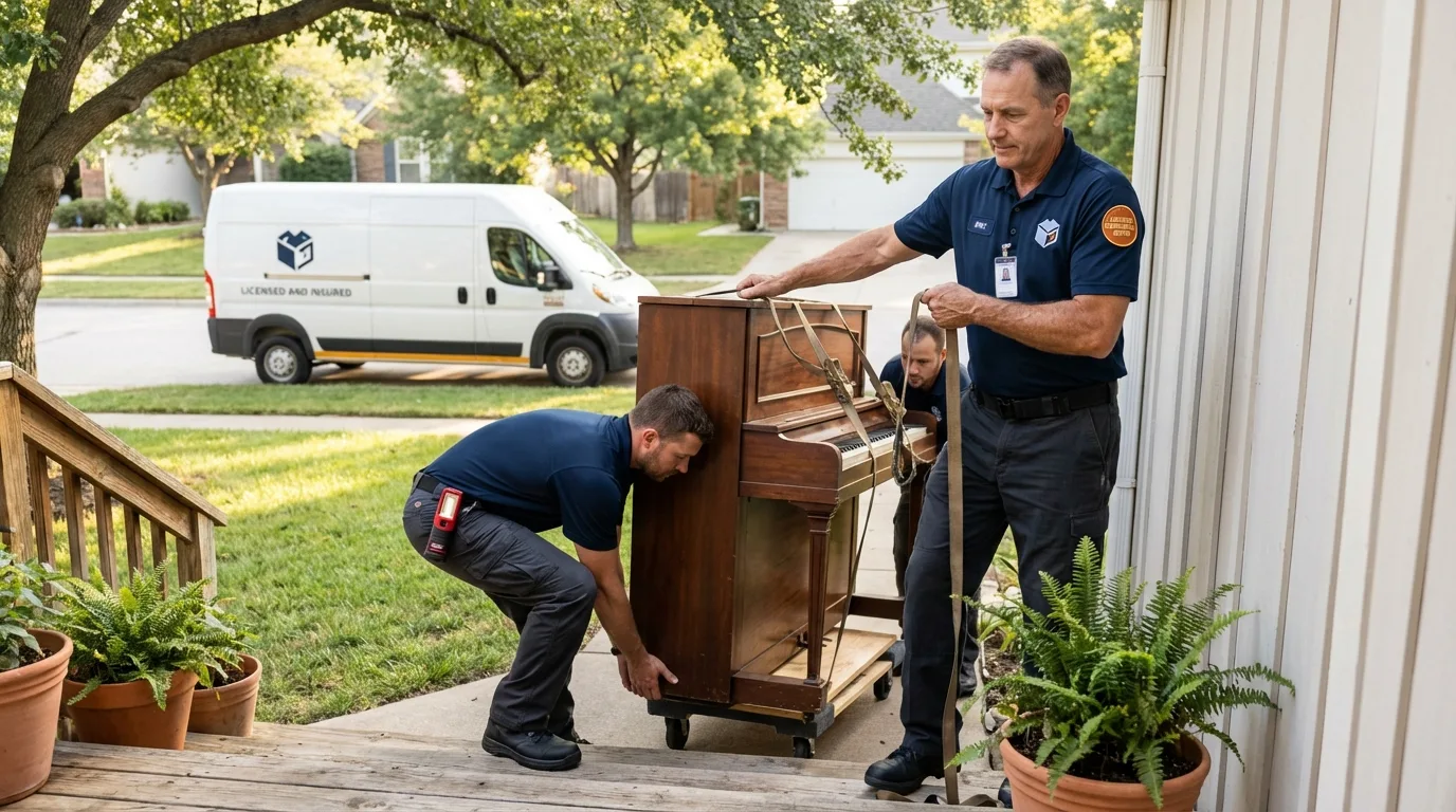 Licensed piano movers securing grand piano in Sumas, WA