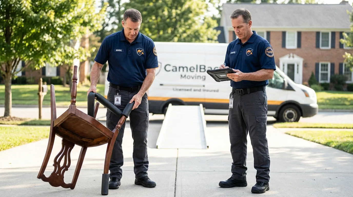 Movers inspecting furniture for damage prevention before loading in Sumas, WA